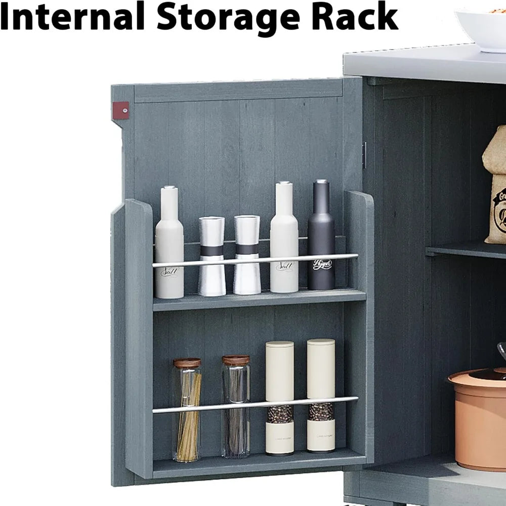 Outdoor Kitchen Island for Big Green Egg Grills, 66.5" Solid Wood Outdoor Grill Table with Stainless Steel Top, Rolling Kitchen