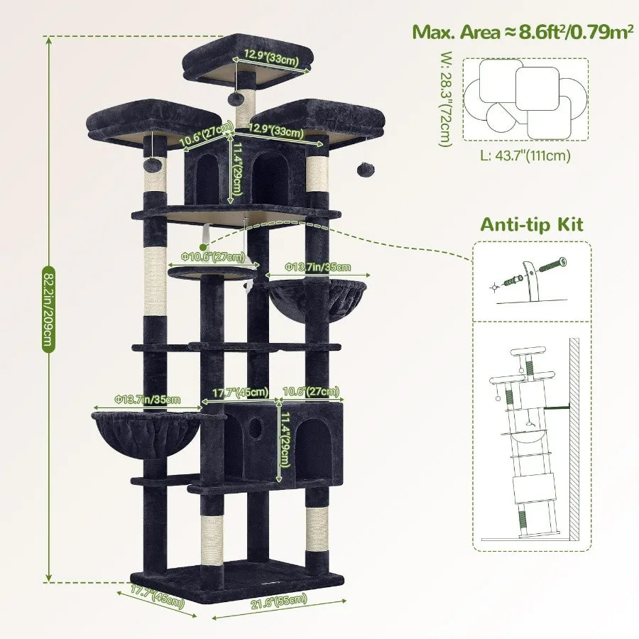 82inch XXL Tall Cat Tree Tower for Multiple Adult Indoor Cats with Scratching Post 3 Perches 2 Condos 2 Hanging Baskets Ideal f