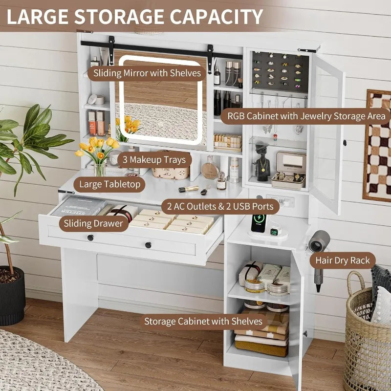 Vanity Desk with Sliding Mirror and Lights, Farmhouse Vanity Table Set with Power Outlet & RGB Cabinet, Dressing Table wi