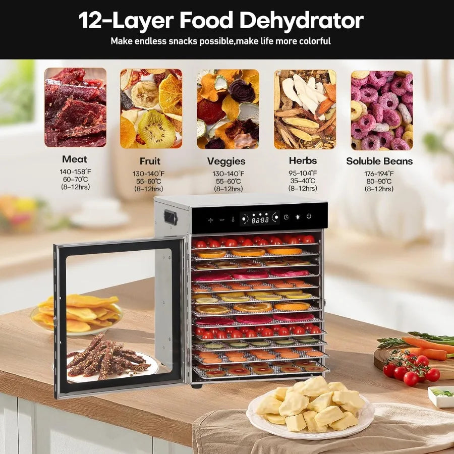 Food Dehydrator Machine with 12 Trays for Making Jerky Drying Fruits Vegetables Herbs Mushrooms and Dog Treats Ideal Kitchen Ap