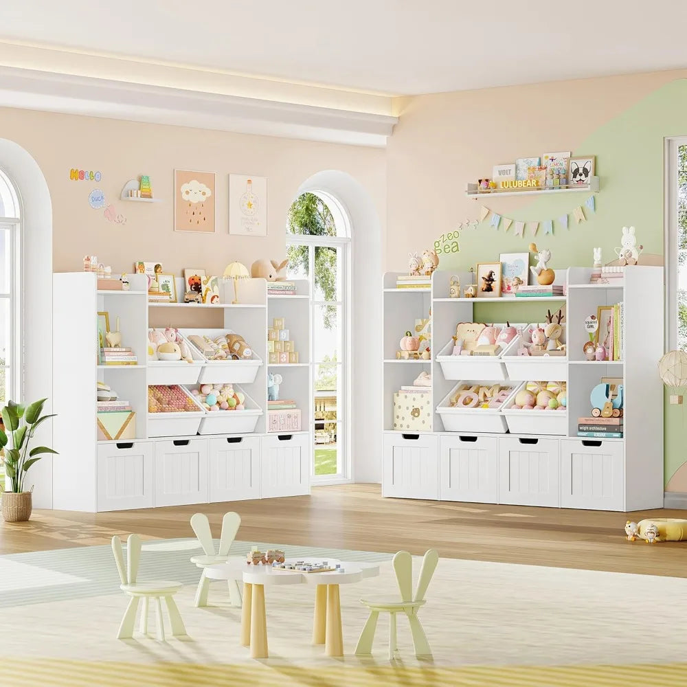 Toy Storage Organizer, Toy Organizer with 4 Movable Drawers and 4 Box Bins, Kids Playroom Storage Organization with Hidden Wheel