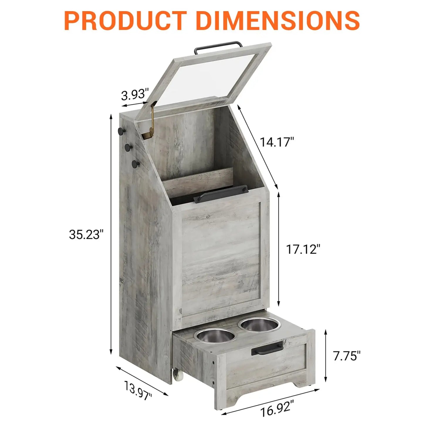 Large Dog Food Storage Cabinet with Flip Top - Pet Feeding Station & Organizer w/Transparent Lid, Side Hooks for Leashes - Multi