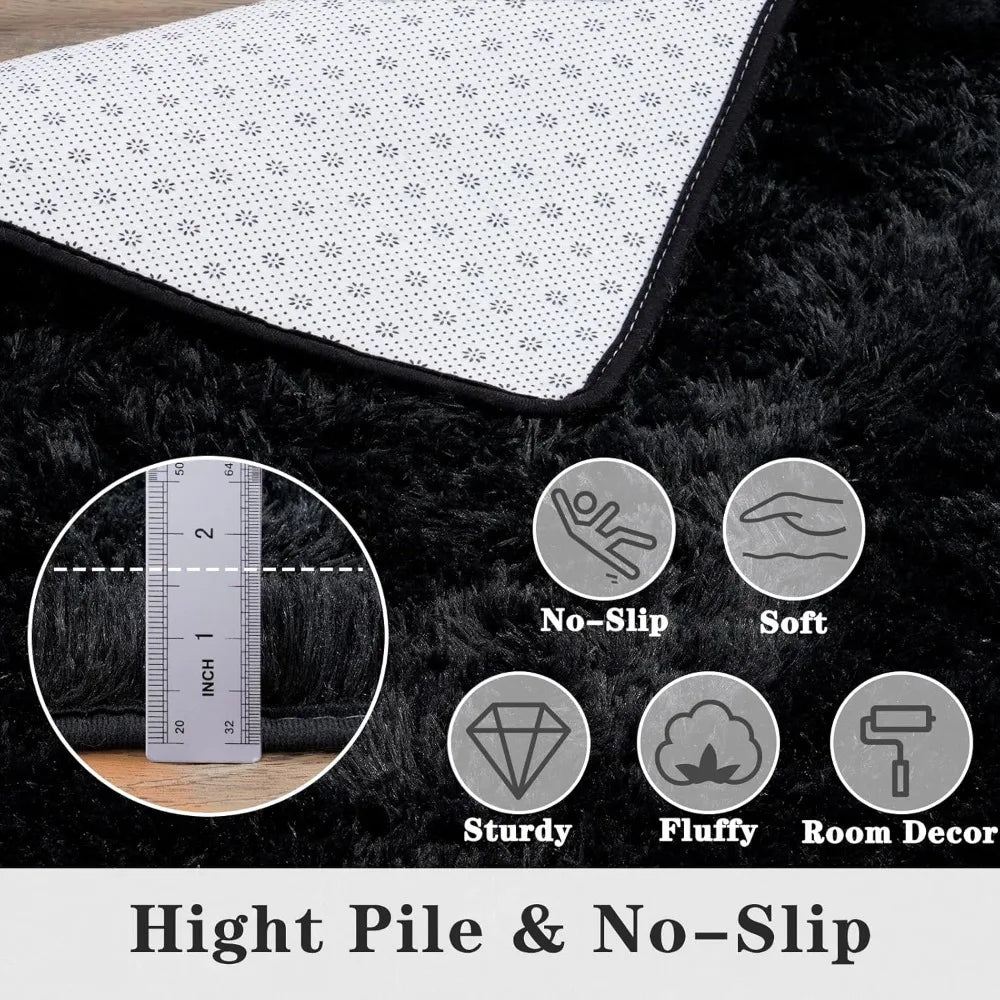 Super Fluffy Area Rugs Black 8x10, Large Modern Shag Dark Black Rugs for Living Room, Big Soft Plush Large Under Bedroom Carpet