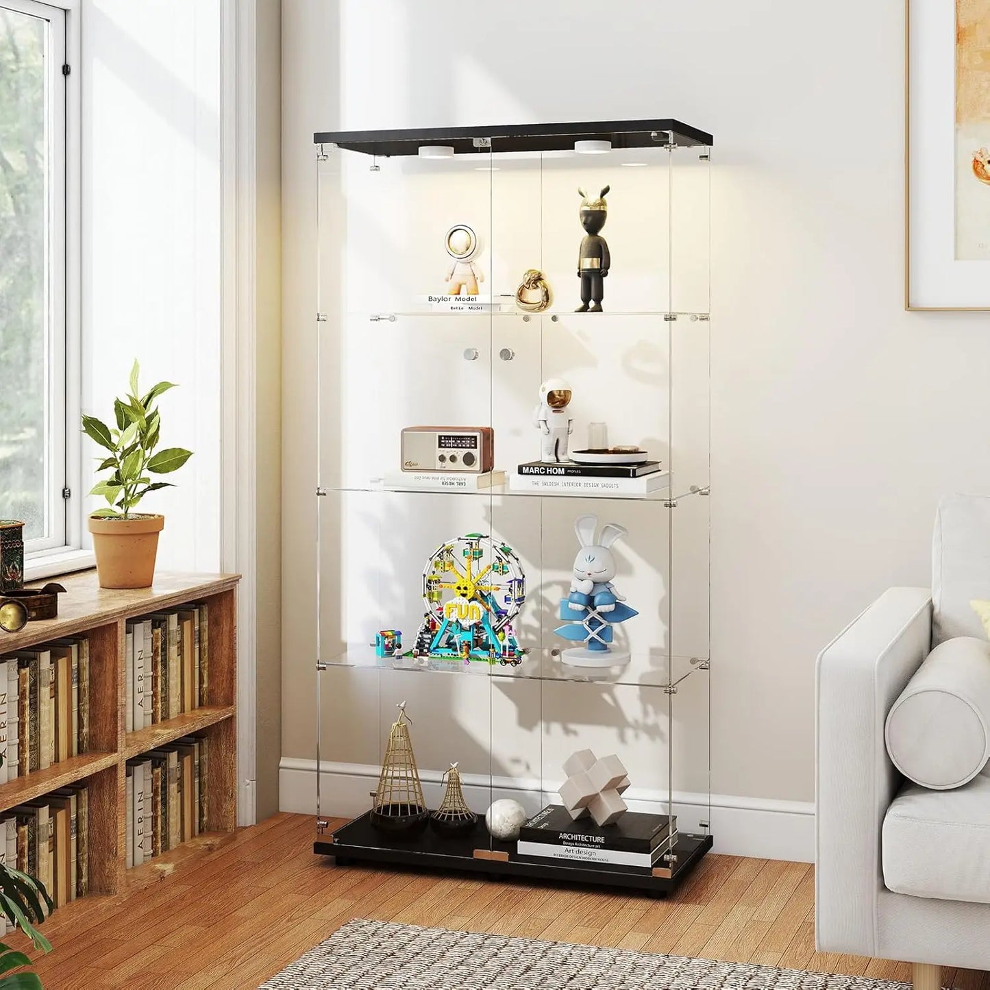 Tempered Glass Display Cabinet w/Lights, 4-Tier Curio Cabinet with Glasss Doors and Lock, Glass Display Case for Collectibles