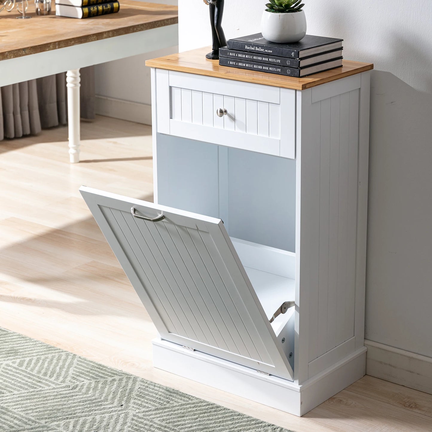 Single Trash Cabinet Tilt Out Freestanding, Pet Proof Kitchen Trash Cabinet Laundry Hamper with Cutting Board, Hideaway Trash