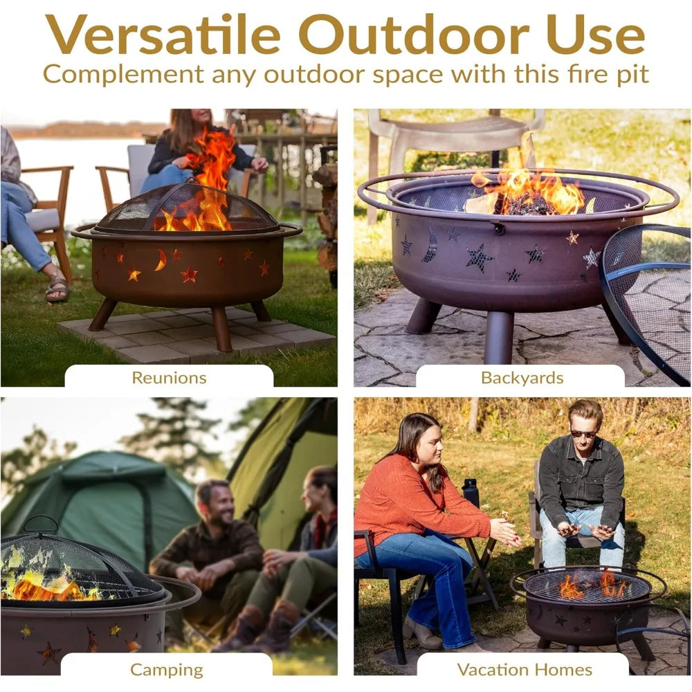 30-Inch Patio Fire Pit for Outside - Outdoor Wood-Burning Fire Pit with Grill Grate, Spark Screen, and Fireplace Poker