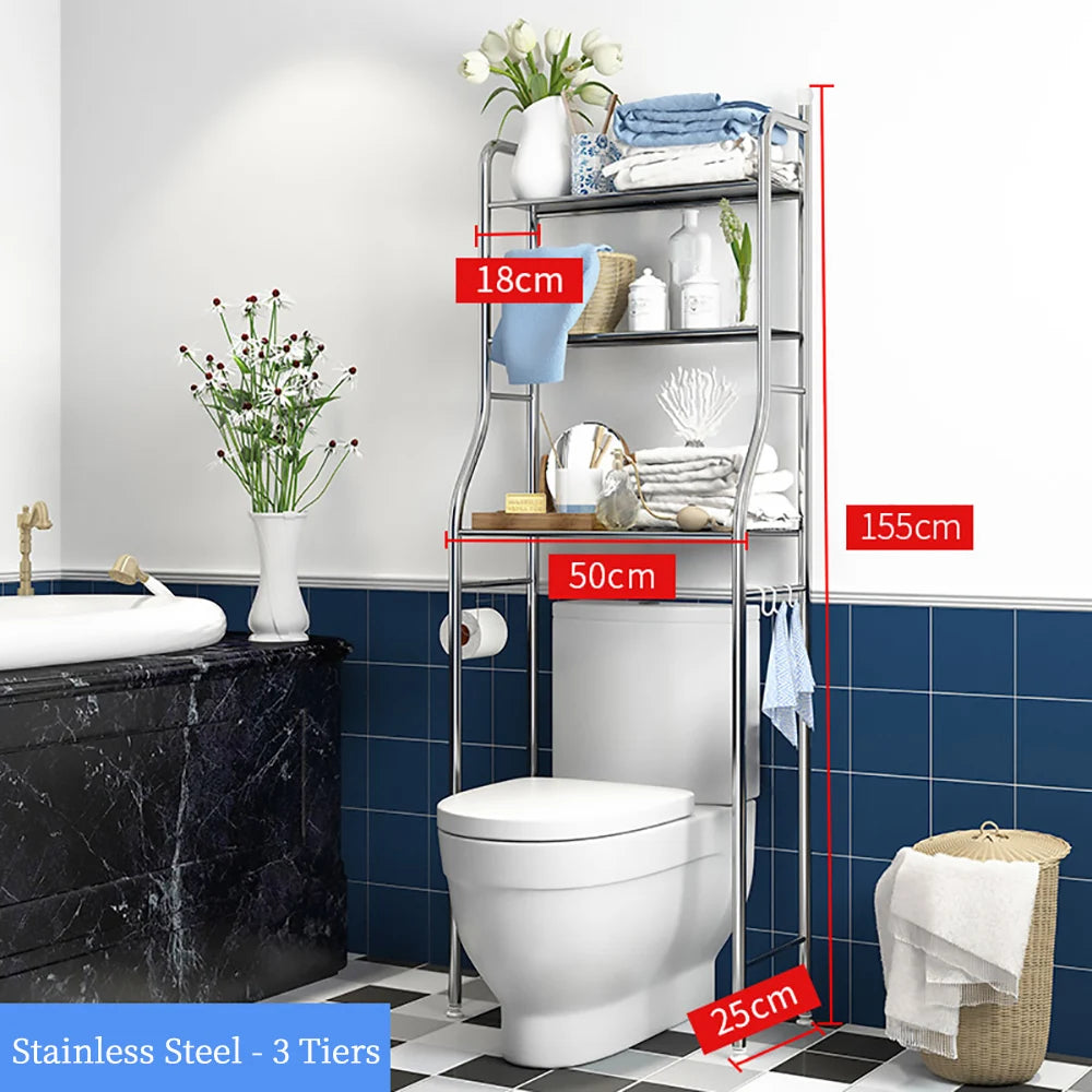 Stainless Steel Over Toilet Organizer Rack w/Removable Towel Hooks, Paper Holder, Bathroom Organizer Over Toilet, Easy Assembly