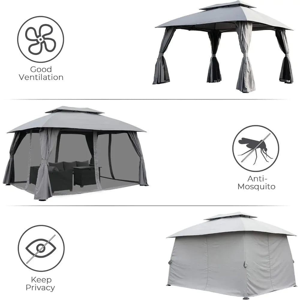 10x13 FT Gazebo Double Soft Top Canopy Anti-UV Shelter with Privacy Curtains and Netting Perfect Gift for Garden Lovers