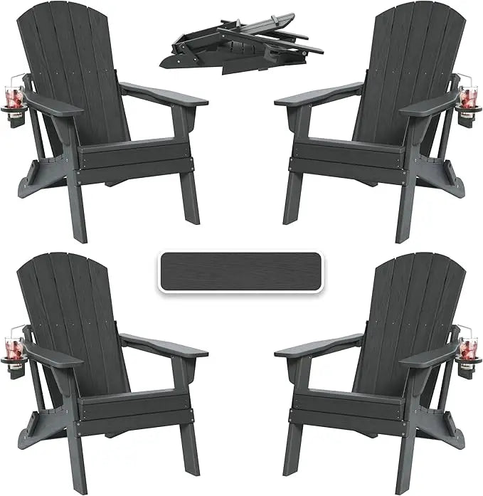 Folding Adirondack Chair with Cup Holder, HDPE All Weather Resistant Plastic Outdoor Patio Chairs, Heavy Duty Fire Pit Seating