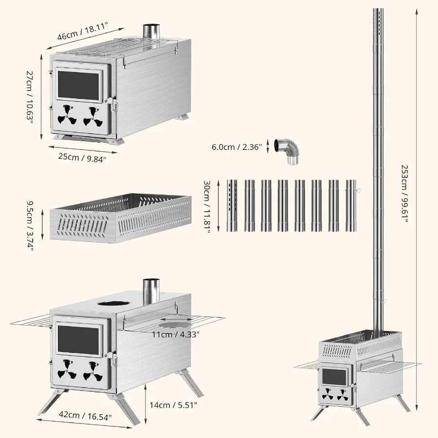 2 in 1 Wood Burning Sauna Hot Tent Stove with Integrated Chimney Pipe for Outdoor Camping Heating Efficient Indoor-Outdoor Use