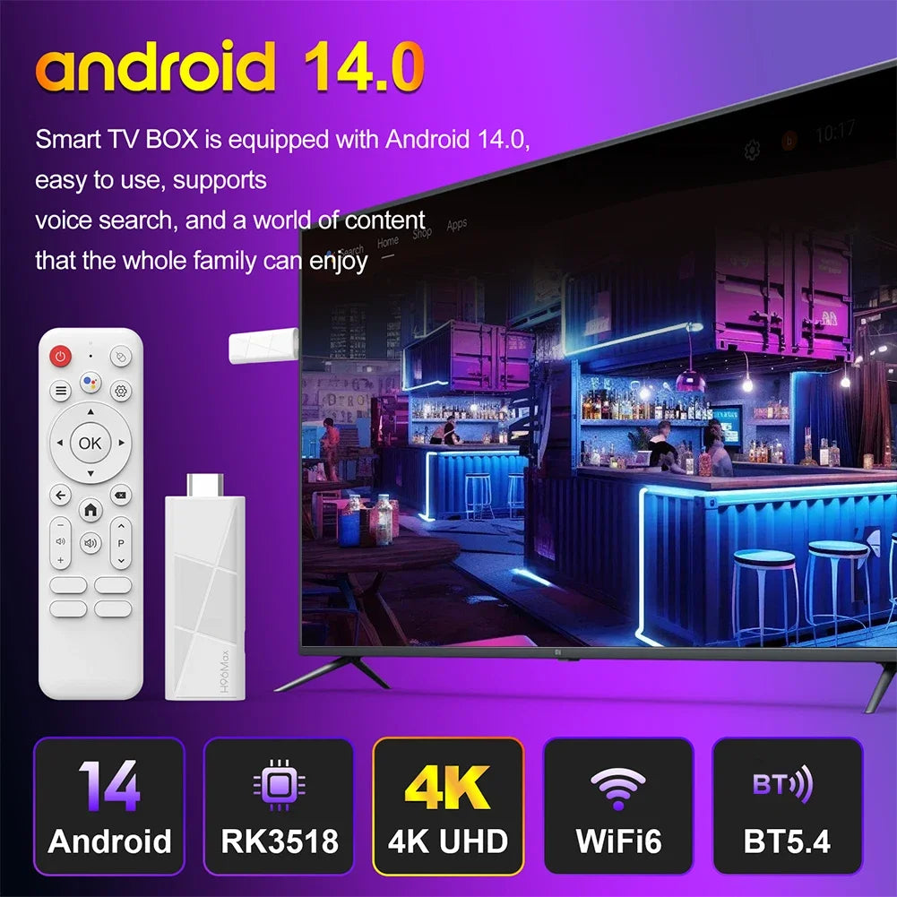 H96MAX RK3518 Mini TV Stick Quad Core Android 14 Smart TV Box Wifi6 BT5.4 Smart Home Player 4K HD Voice Control 2GB 16GB Top Box