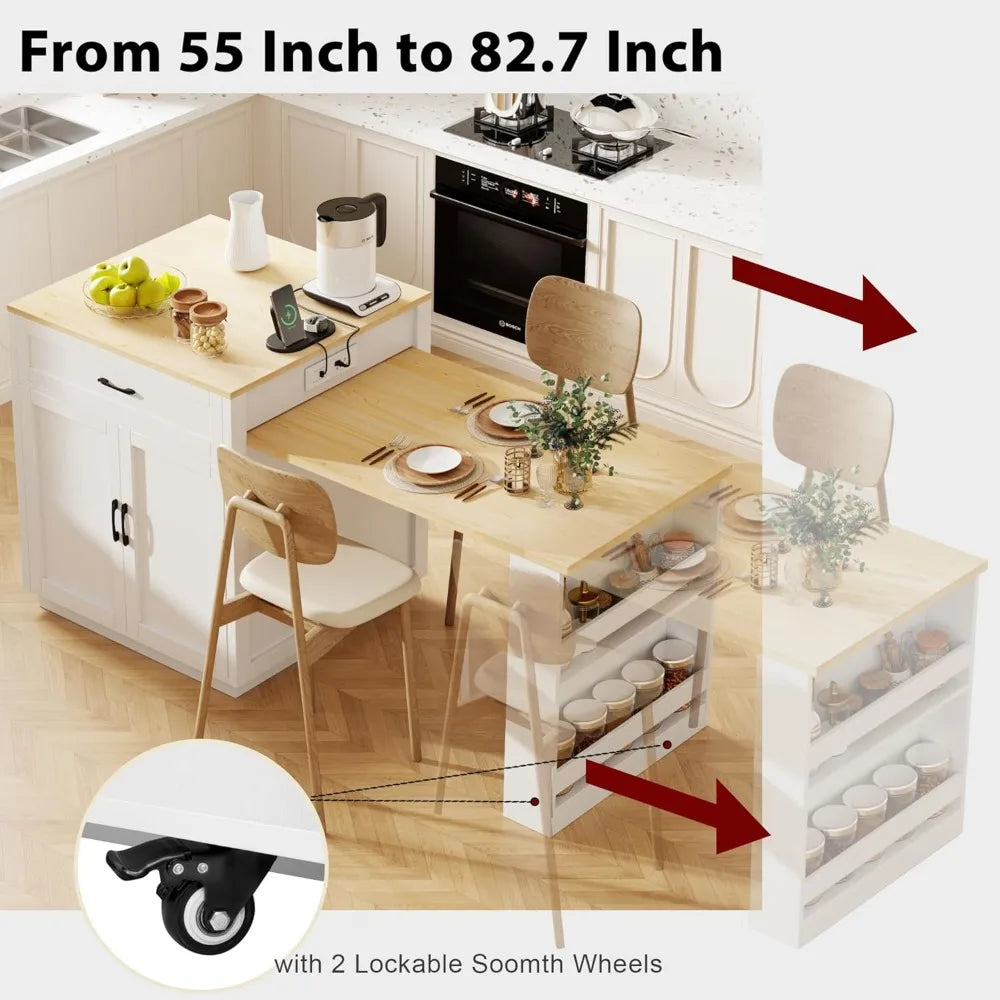 82.7" Kitchen Island with Extendable Dining Table for 2-6 Person, Portable Island Table with Double-sized Storage, Power Outlet,
