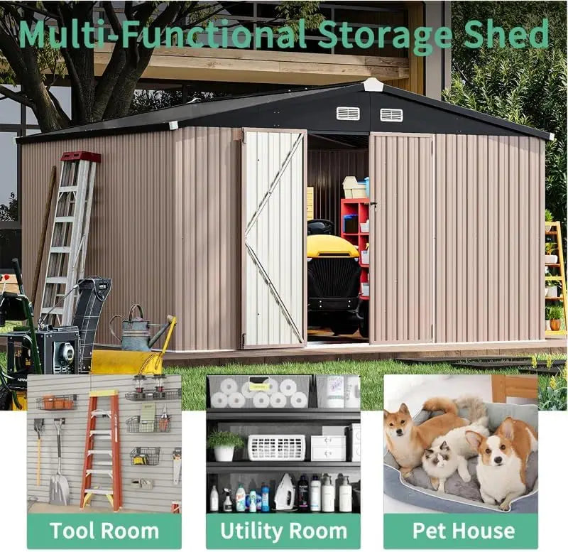 10X12 FT Outdoor Storage Shed, Durable Metal Outside Storage for Garden, Patio and Backyard, Waterproof Shelter for Tools
