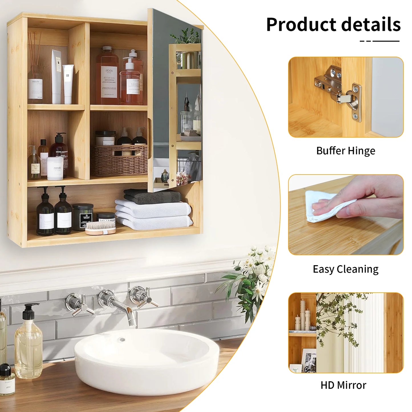 Wall Medicine Cabinet Natural Bamboo Bathroom Storage Cabinet with Mirror