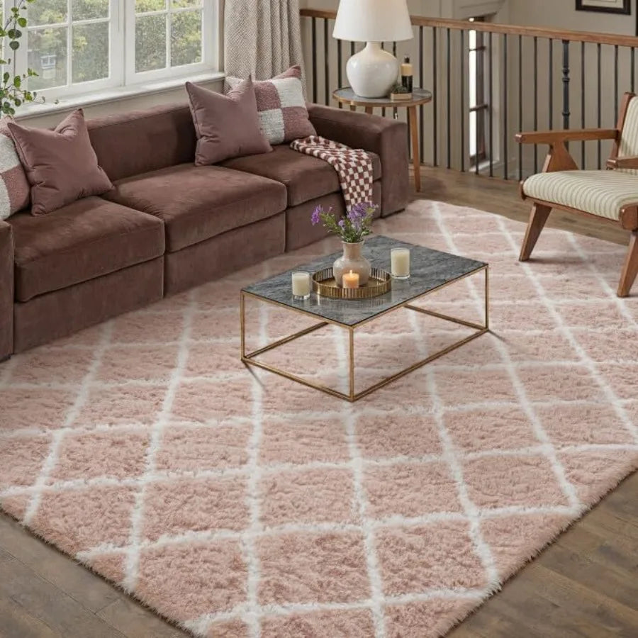 8x10 Checkered Rug for Living Room Pink and White Modern Soft Area Rug Fluffy Non-Slip Carpet for Bedroom Playroom Home Aesthet