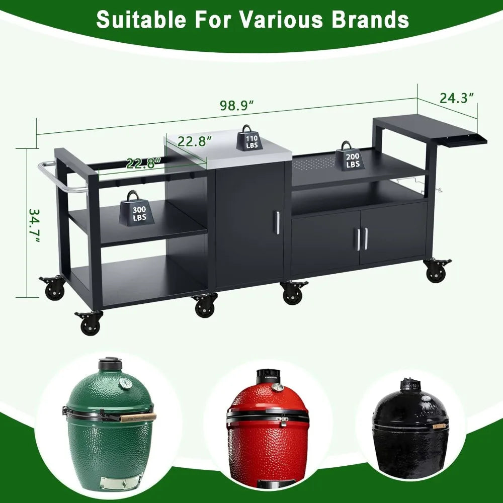 outdoor grill cart for big green egg& blackstone griddle, metal grill table compatible with large big green egg and 28"/36" bla