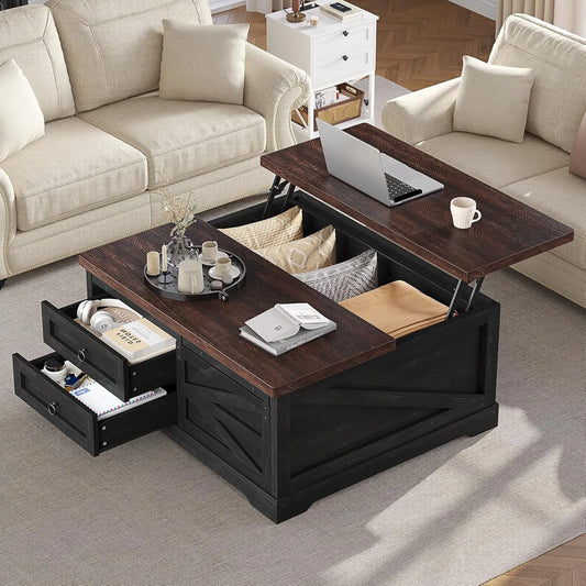 39.4'' Lift Top Coffee Table with Storage, Farmhouse Coffee Tables for Living Room, Square Coffee Table with Large Hidden
