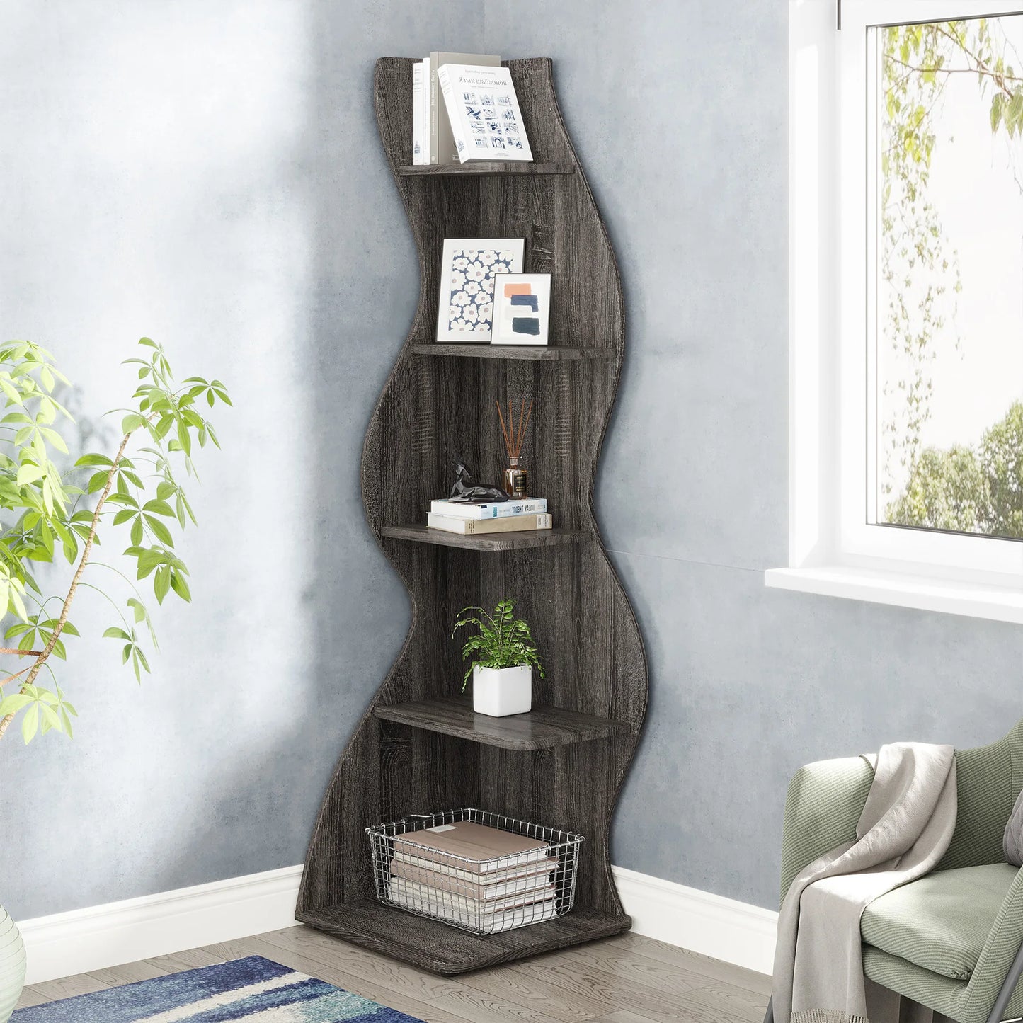 Tribesigns 5-Tier Corner Shelf, Modern Wall Corner Bookshelf, Stylish Corner Small Bookcase Storage Rack Plant Stand