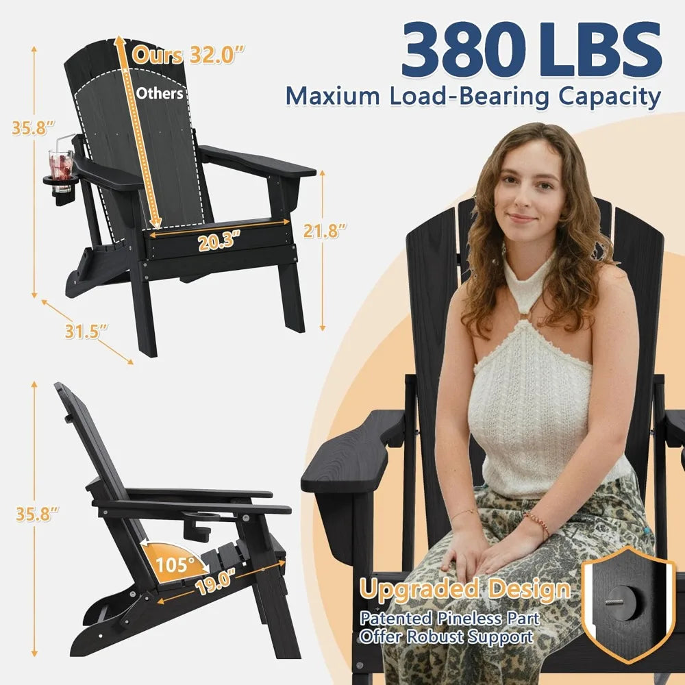 Folding Adirondack Chair with Cup Holder, HDPE All Weather Resistant Plastic Outdoor Patio Chairs, Heavy Duty Fire Pit Seating