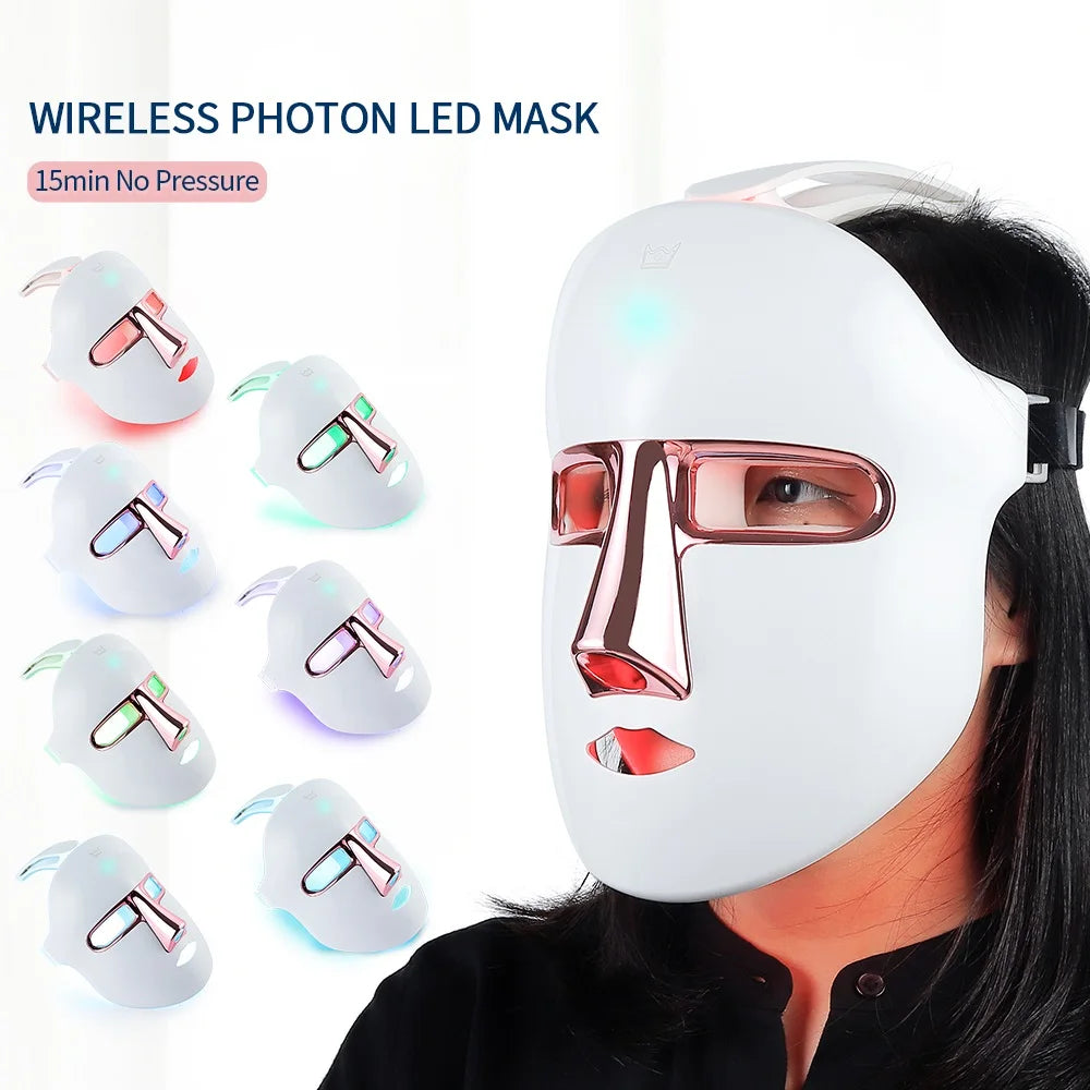 Wireless LED Facial Mask 7 Colors Light Photon Therapy Face Beauty Mask Skin Lifting Acne Wrinkles Removal Face SPA Machine