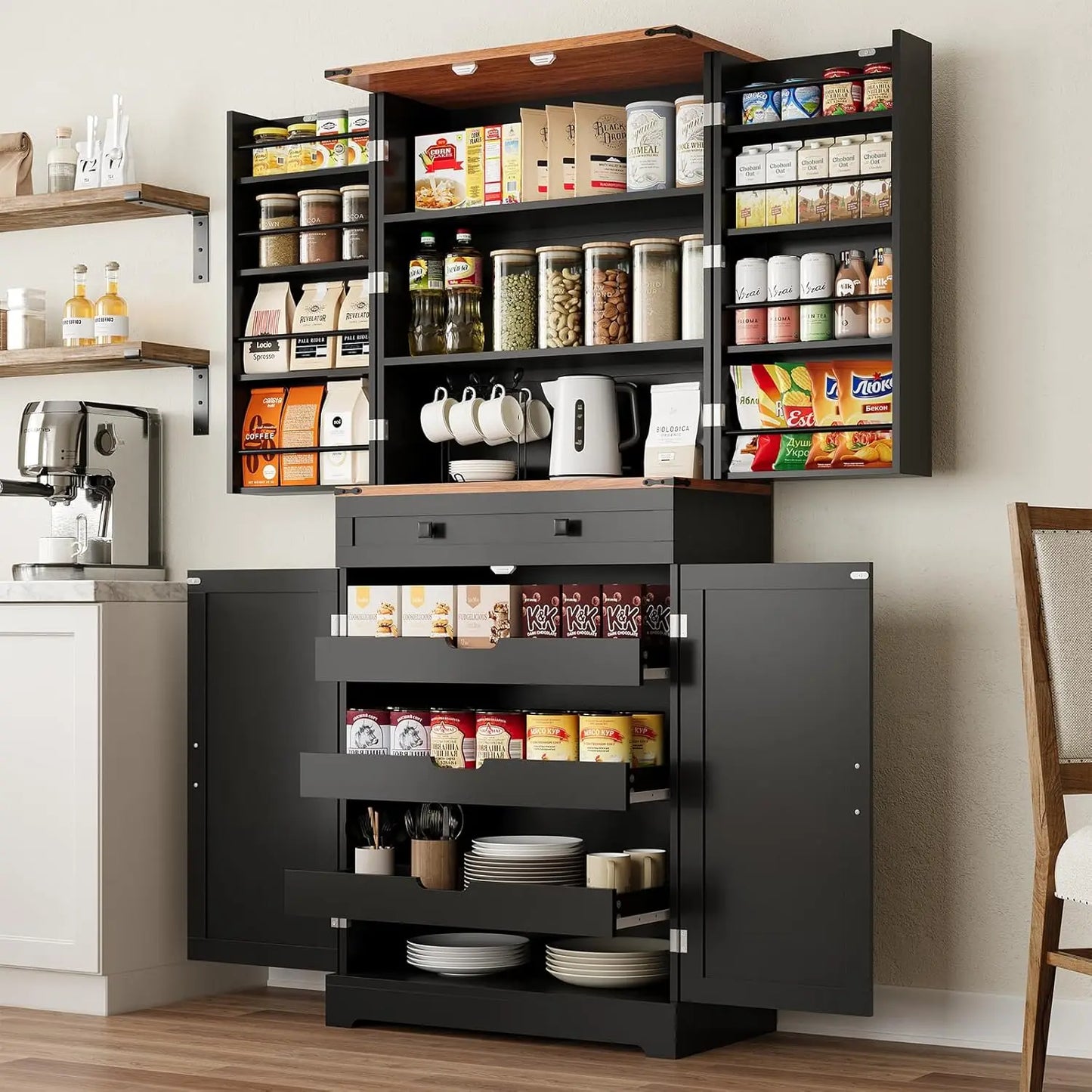 72" Tall Kitchen Pantry Cabinet, Rustic Brown Farmhouse Pantry with Large Food Storage for Kitchen Dining Room Living Roo