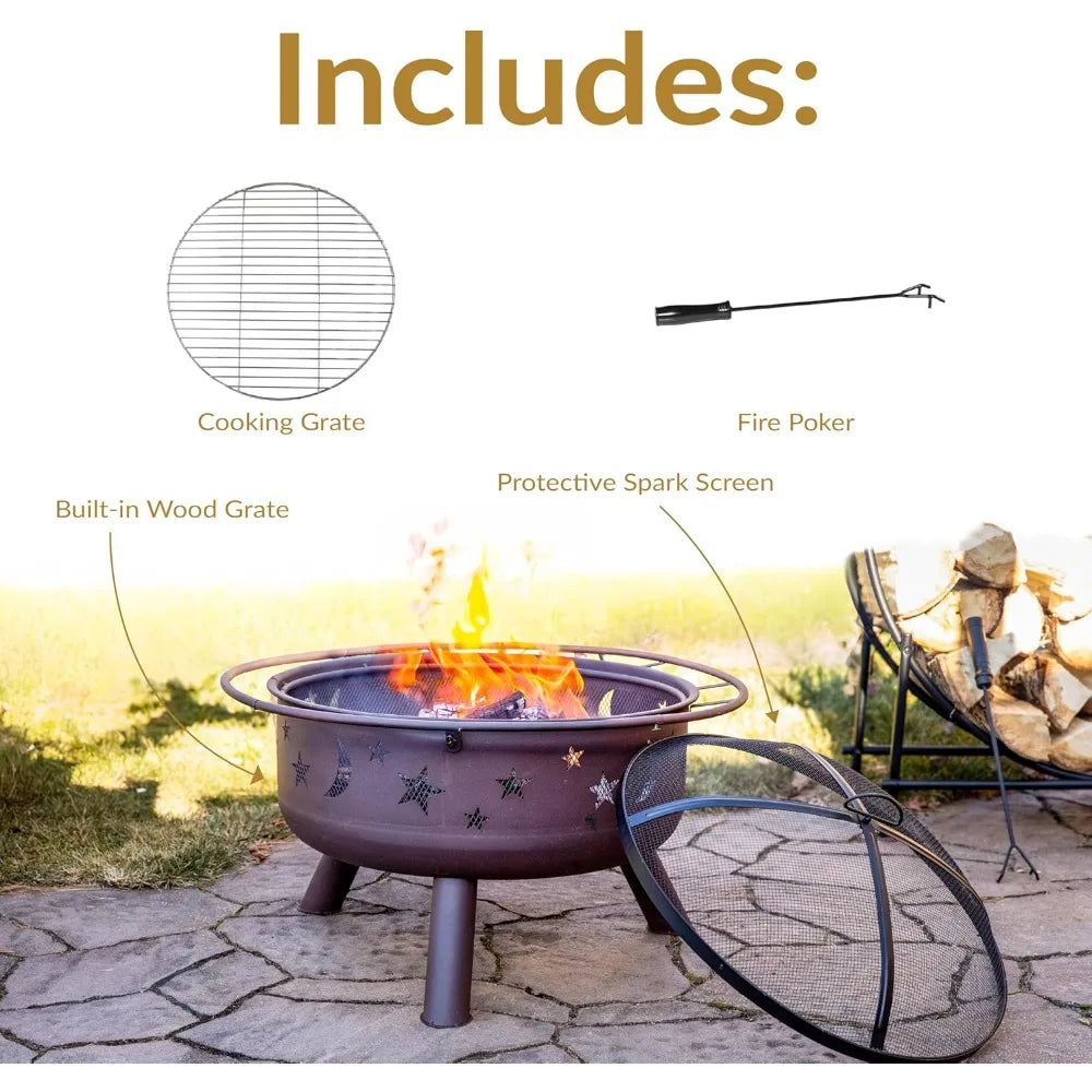30-Inch Patio Fire Pit for Outside - Outdoor Wood-Burning Fire Pit with Grill Grate, Spark Screen, and Fireplace Poker