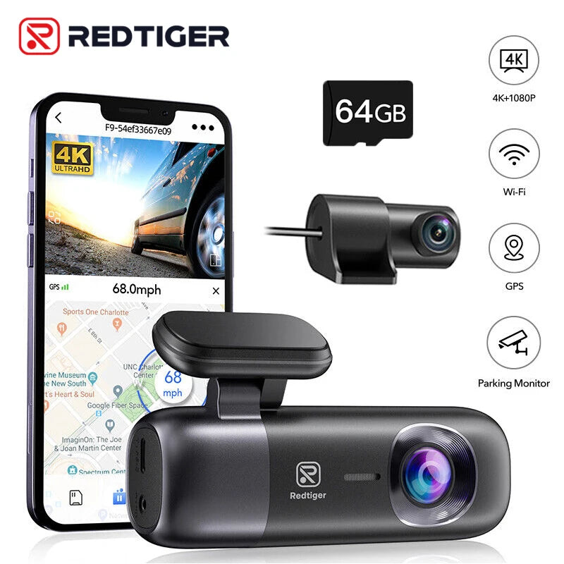 REDTIGER F9 Dash Cam 4K Front and Rear WiFi GPS Car Camera for Parking Mode 64GB Night Vision Car Recorder By App Control