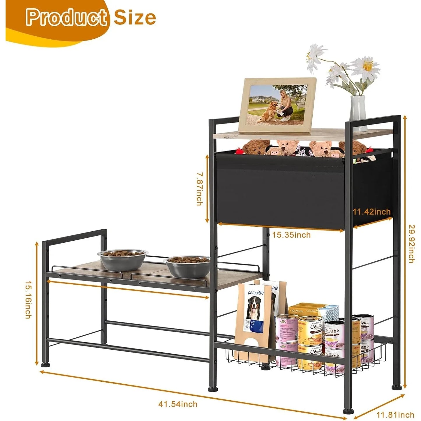 Height Adjustable Dog Bowl Stand w/ Storage Shelf, Raised Feeder Station for Small Medium Dogs, Food & Toys Organizer Bin