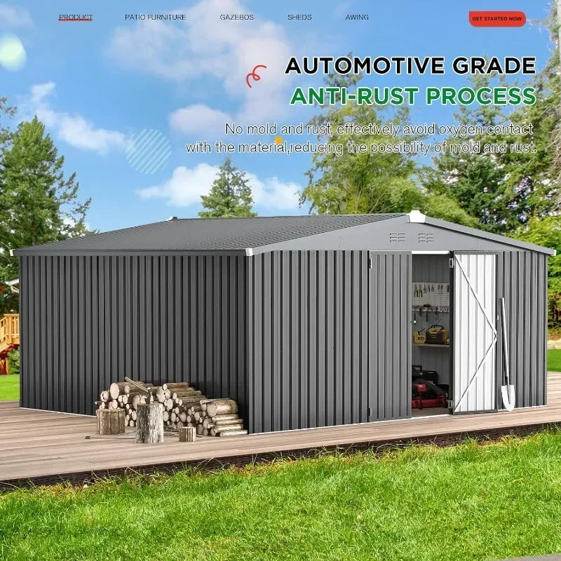 POPULAR Shed 14' X 12' Storage Shed, Outdoor Metal Storage Sheds & Outdoor Storage 12x14 With Lockable Doors, Large Steel Yard S