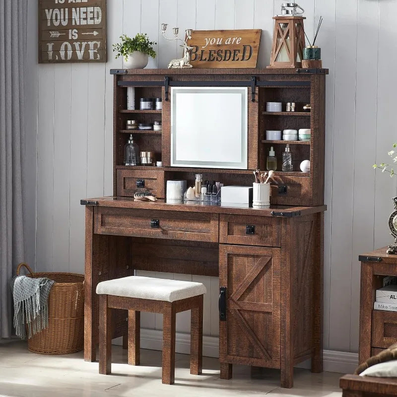 Farmhouse Makeup Vanity Desk with Sliding Mirror and Lights, 42'' Glass Tabletop Vanity Table with 2 Drawers & Shelves,