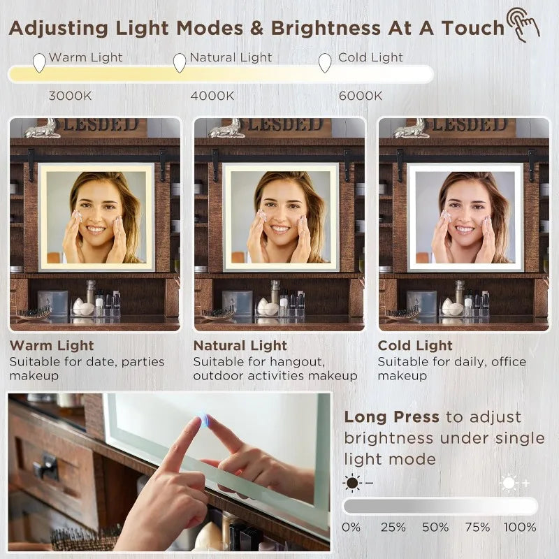 Farmhouse Makeup Vanity Desk with Sliding Mirror and Lights, 42'' Glass Tabletop Vanity Table with 2 Drawers & Shelves,