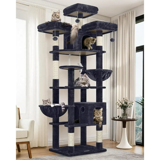 82inch XXL Tall Cat Tree Tower for Multiple Adult Indoor Cats with Scratching Post 3 Perches 2 Condos 2 Hanging Baskets Ideal f