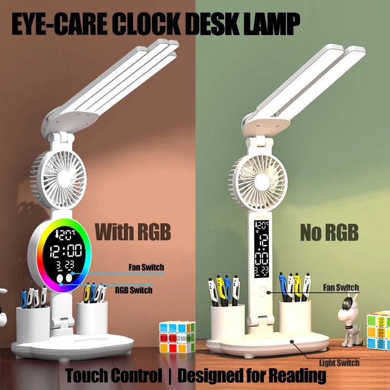 Eye-care Table Lamp Digital Clock LED Light USB 3 Color Desk Lamp Touch Control Foldable With Fan Reading Night Light