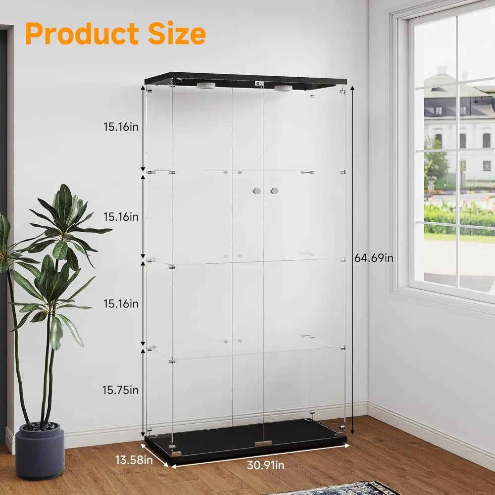 Tempered Glass Display Cabinet w/Lights, 4-Tier Curio Cabinet with Glasss Doors and Lock, Glass Display Case for Collectibles