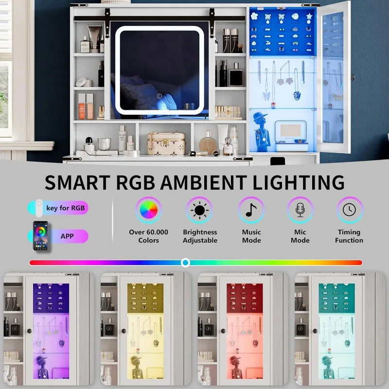 Vanity Desk with Sliding Mirror and Lights, Farmhouse Vanity Table Set with Power Outlet & RGB Cabinet, Dressing Table wi