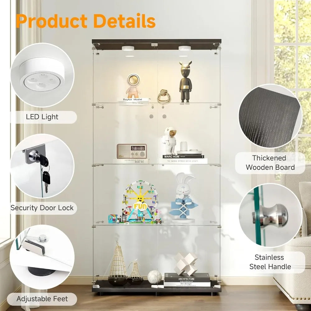 Tempered Glass Display Cabinet w/Lights, 4-Tier Curio Cabinet with Glasss Doors and Lock, Glass Display Case for Collectibles