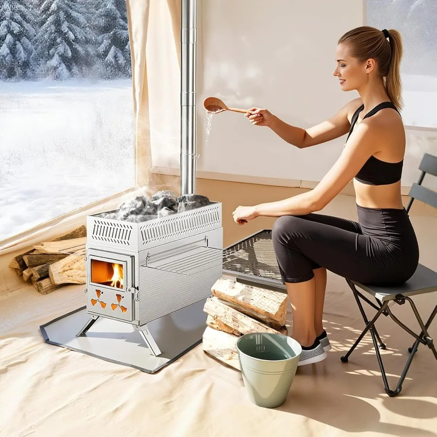 2 in 1 Wood Burning Sauna Hot Tent Stove with Integrated Chimney Pipe for Outdoor Camping Heating Efficient Indoor-Outdoor Use