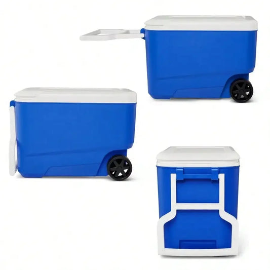 38QT Wheeled Cooler | Portable Blue Ice Chest for Camping, Beach, Tailgating