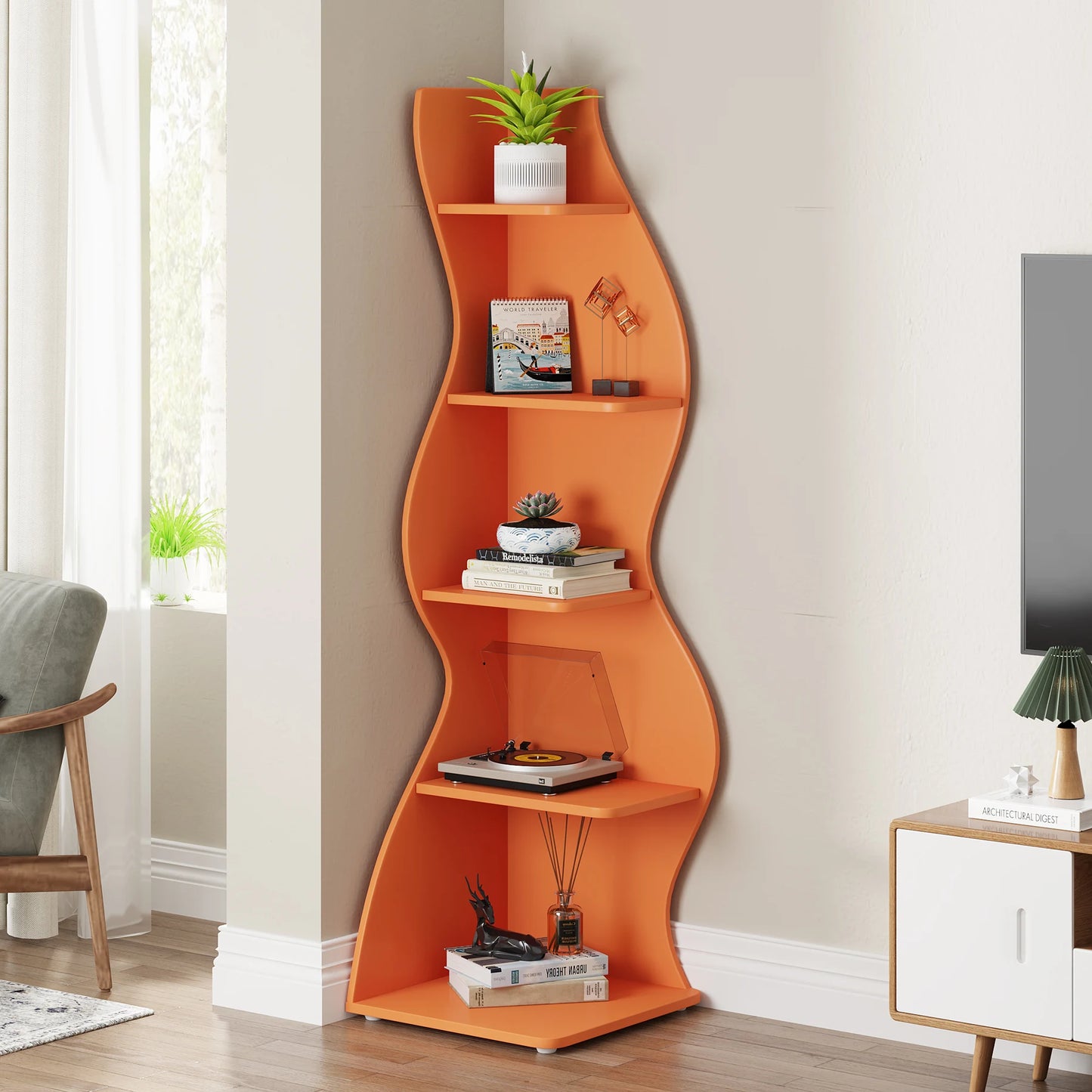Tribesigns 5-Tier Corner Shelf, Modern Wall Corner Bookshelf, Stylish Corner Small Bookcase Storage Rack Plant Stand