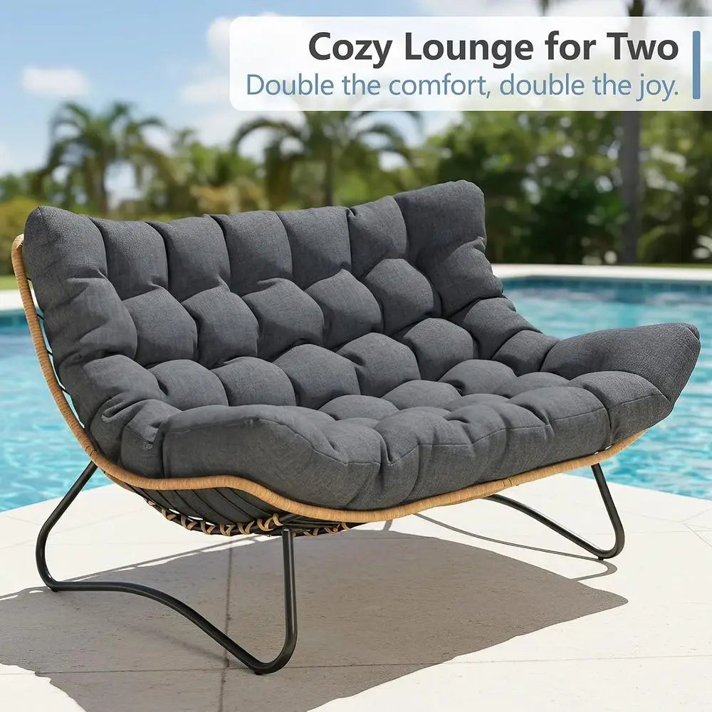 Weather-Resistant Double Wicker Loveseat with Cushion, Ideal for Outdoor Patio, Balcony, or Poolside in Grey