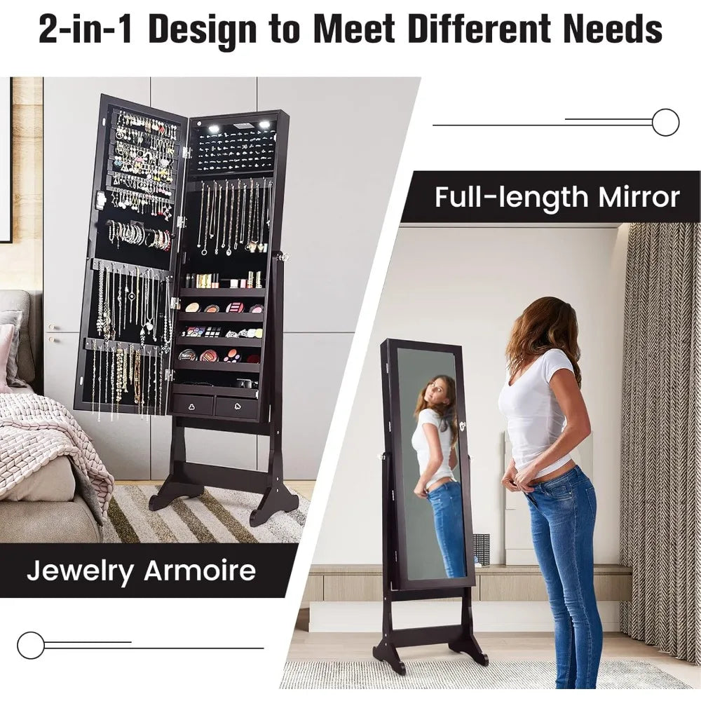 Standing Mirror Jewelry Cabinet, Large Storage Jewelry Organizer w/Full Length Mirror, 4 Adjustable Angles & 2 LED Light