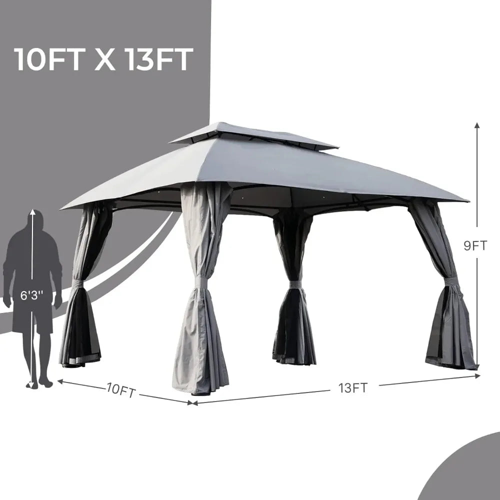 10x13 FT Gazebo Double Soft Top Canopy Anti-UV Shelter with Privacy Curtains and Netting Perfect Gift for Garden Lovers