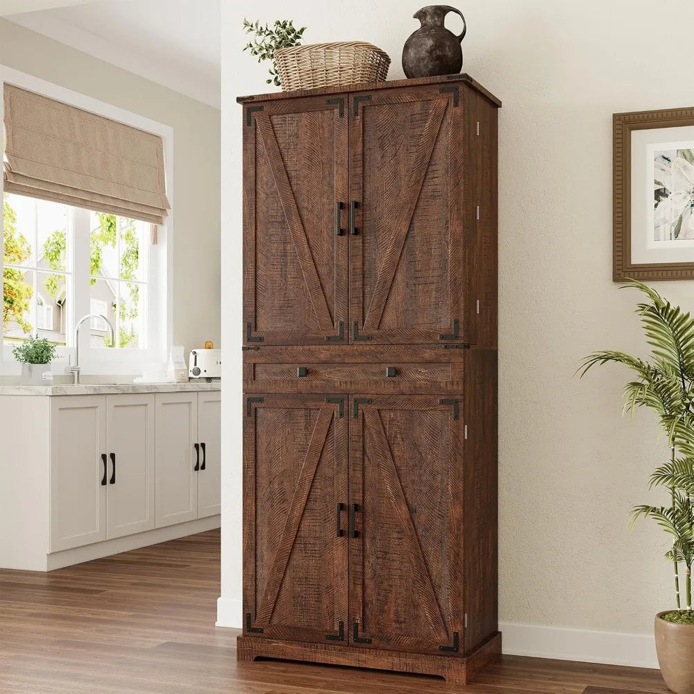 72" Tall Kitchen Pantry Cabinet, Rustic Brown Farmhouse Pantry with Large Food Storage for Kitchen Dining Room Living Roo