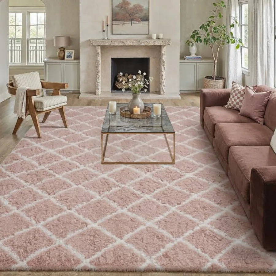 8x10 Checkered Rug for Living Room Pink and White Modern Soft Area Rug Fluffy Non-Slip Carpet for Bedroom Playroom Home Aesthet