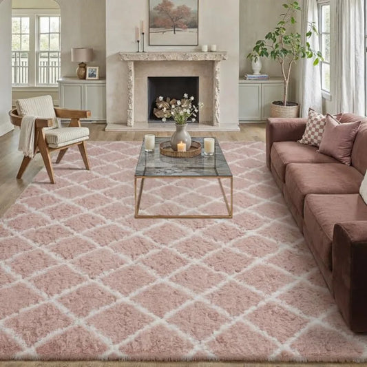 8x10 Checkered Rug for Living Room Pink and White Modern Soft Area Rug Fluffy Non-Slip Carpet for Bedroom Playroom Home Aesthet