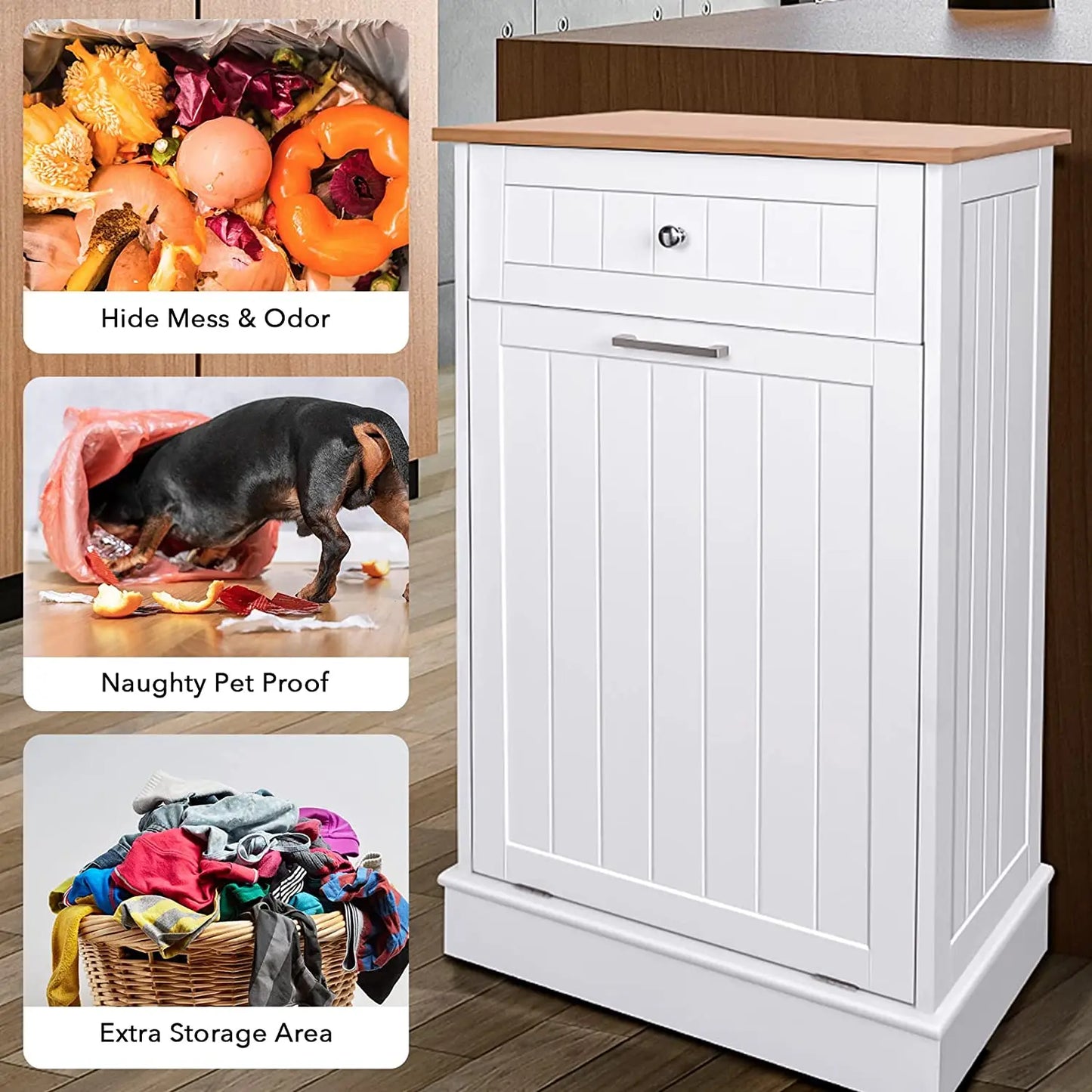 Single Trash Cabinet Tilt Out Freestanding, Pet Proof Kitchen Trash Cabinet Laundry Hamper with Cutting Board, Hideaway Trash