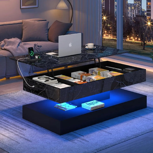 47.2" Large Lift Top Coffee Table with Charging Station, LED Modern High Glossy Center Table with Hidden Compartment Storage, Wh