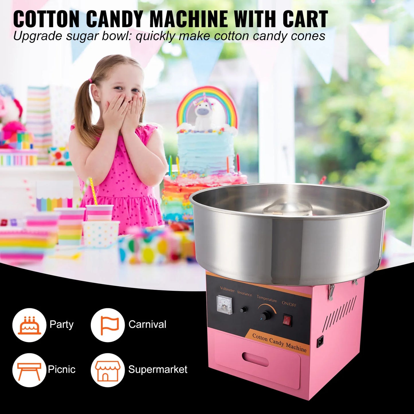 SucceBuy Electric Cotton Candy Machine Commercial Floss Maker with Stainless Steel Bowl Sugar Scoop Drawer for Birthday Party
