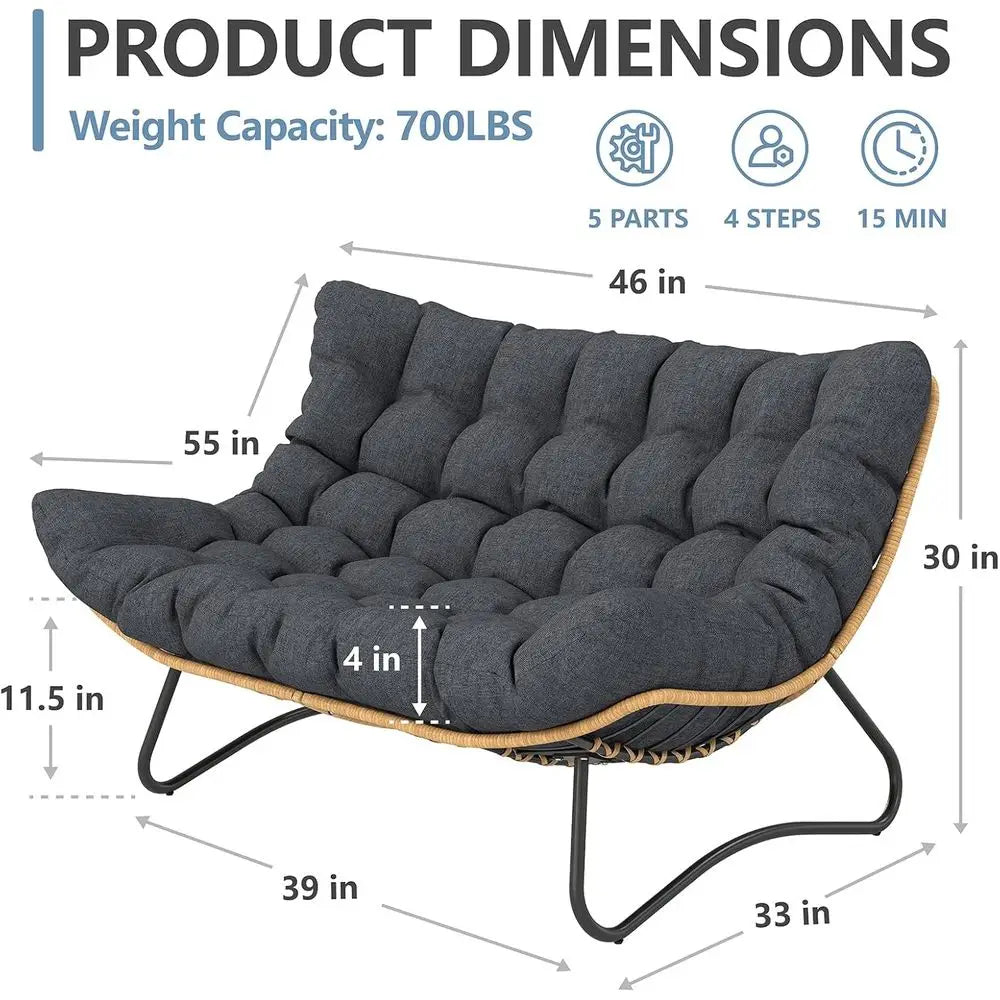Weather-Resistant Double Wicker Loveseat with Cushion, Ideal for Outdoor Patio, Balcony, or Poolside in Grey