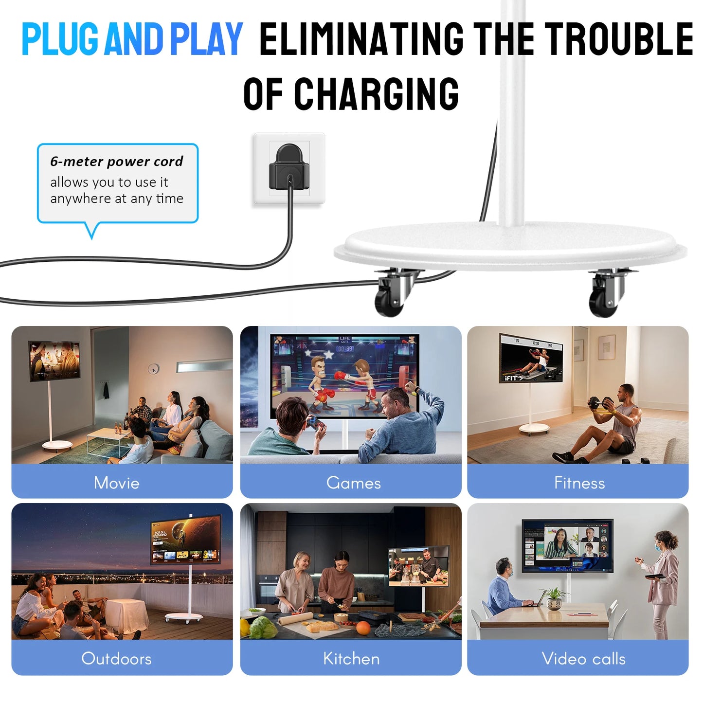 MWE 32/43-Inch Portable TV Smart Screen on Wheels, 2K Rotatable Monitor with Touchscreen, Android OS, 8H Video Playback Time